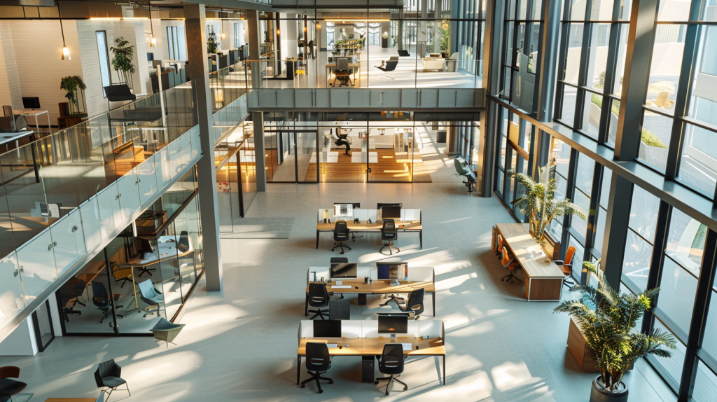 Aerial view of large open plan corporate office spanning entire floor