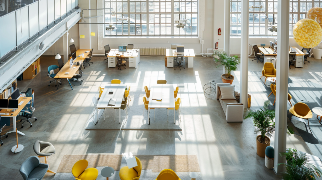 Aerial view of open office floor plan with workstation clusters