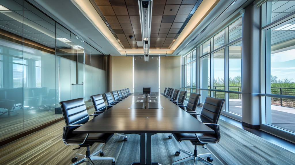 Corporate boardroom with long conference table and executive chairs