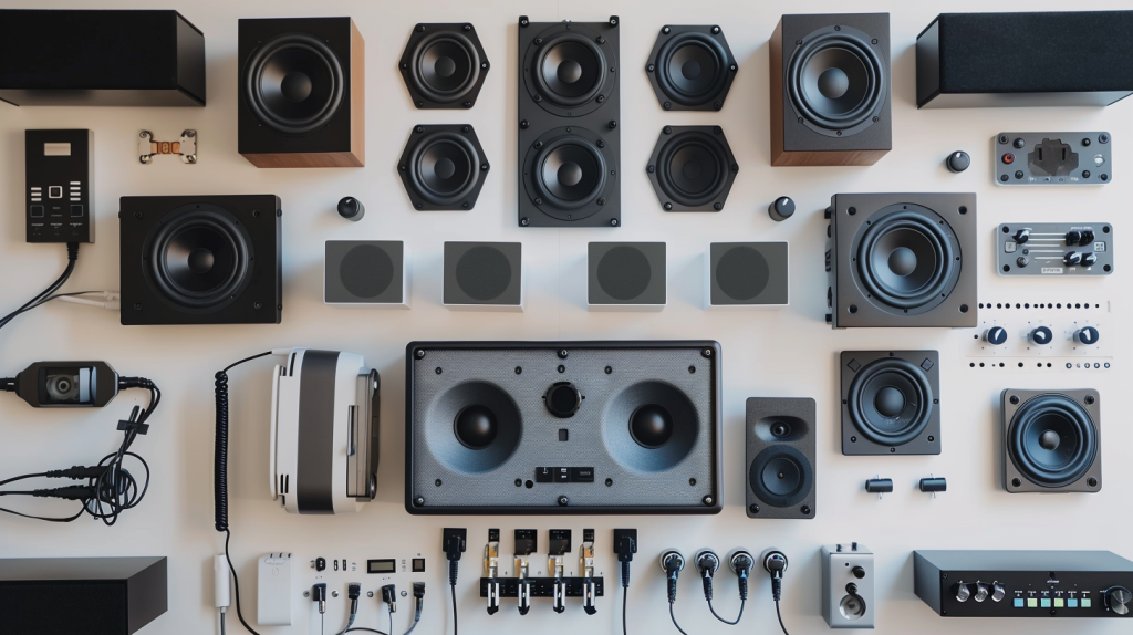 Flat lay arrangement of sound masking system components on white surface