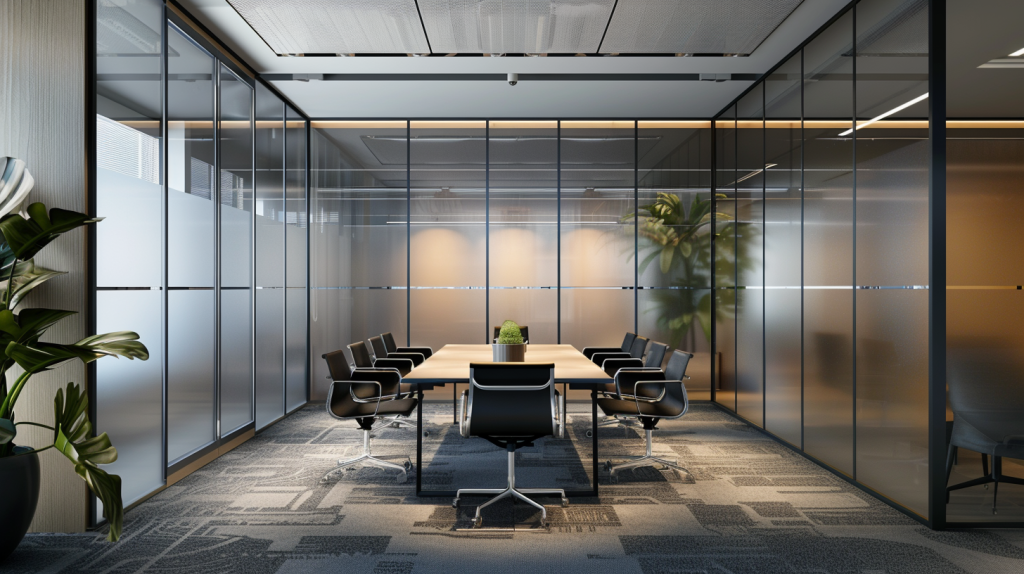 Modern conference room with frosted glass partitions