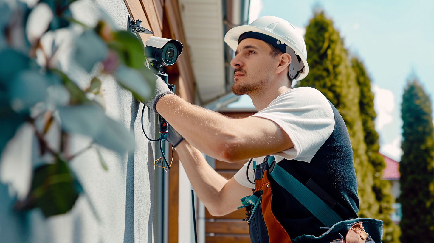 Professional security technician installing modern home security camera