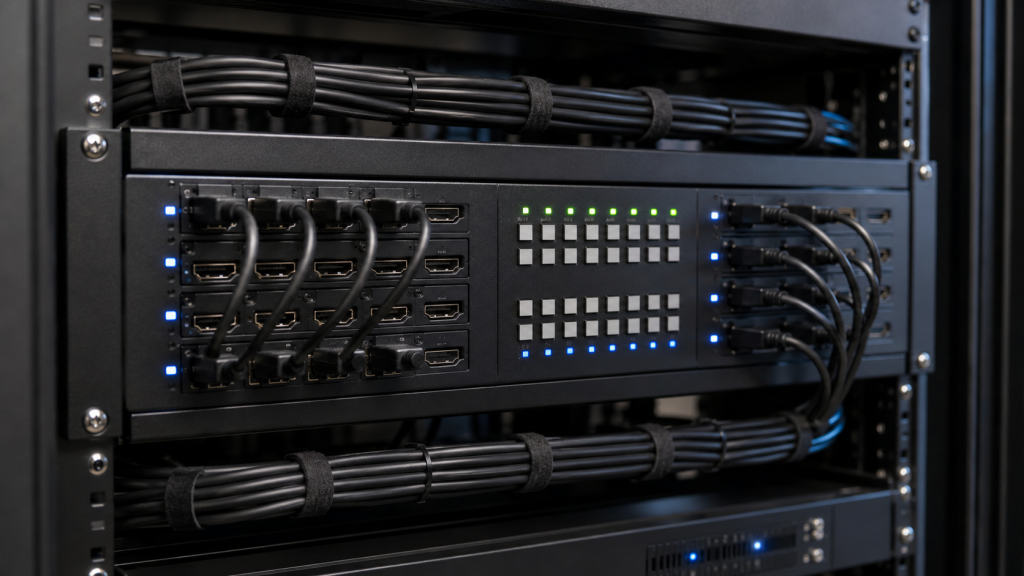 AV equipment in a dimly lit rack