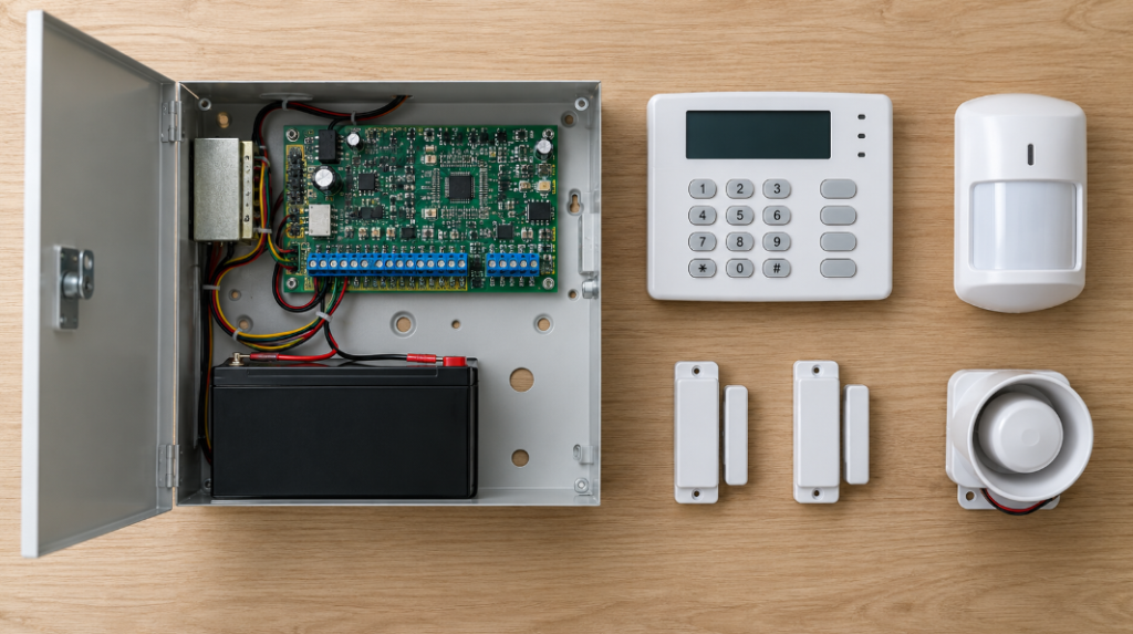 Alarm control panel, keypad, door sensors, motion detector and siren on a wooden table