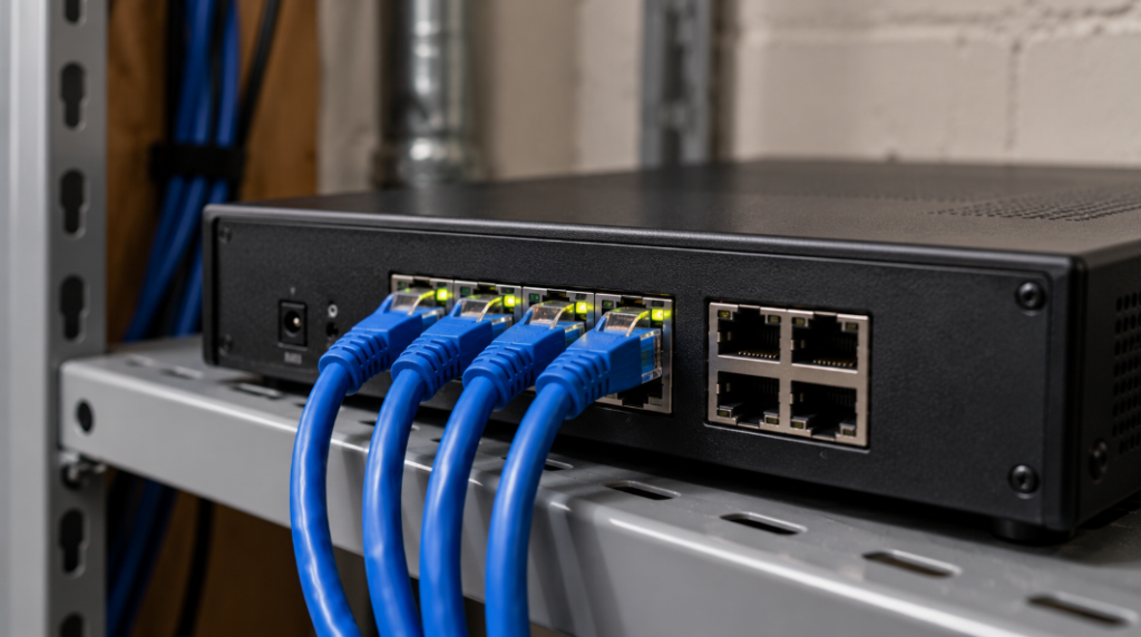 Back of a network video recorder with four blue network cables plugged in and four empty ports beside them