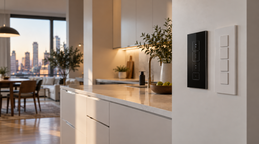 Black in-wall touch panel beside a row of white light switches on a condo kitchen wall