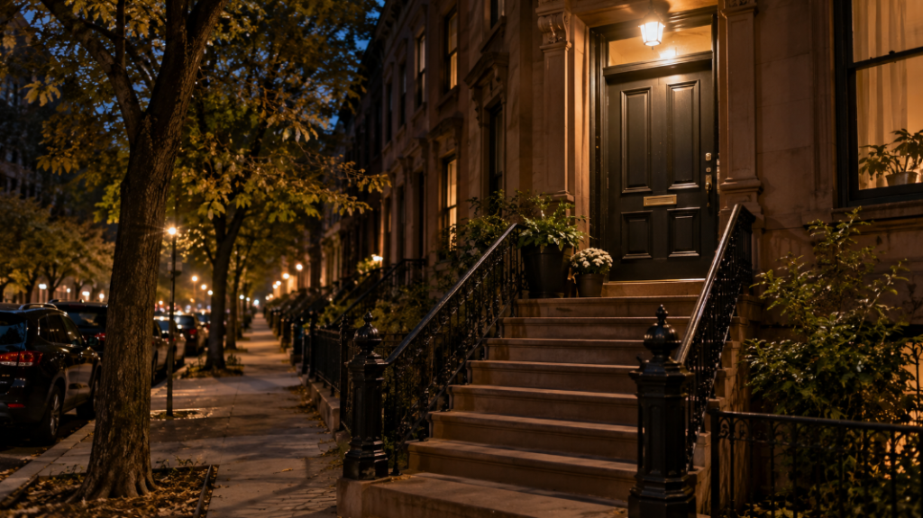 Brownstone front door at night lit by a single porch light