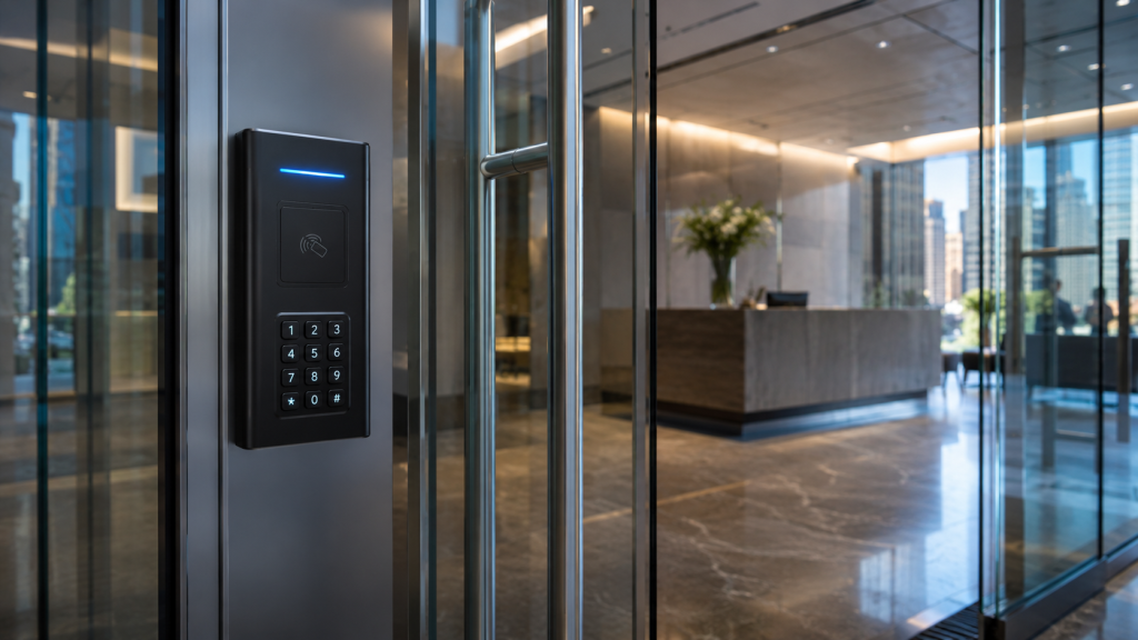 Modern office entrance with sleek security panel