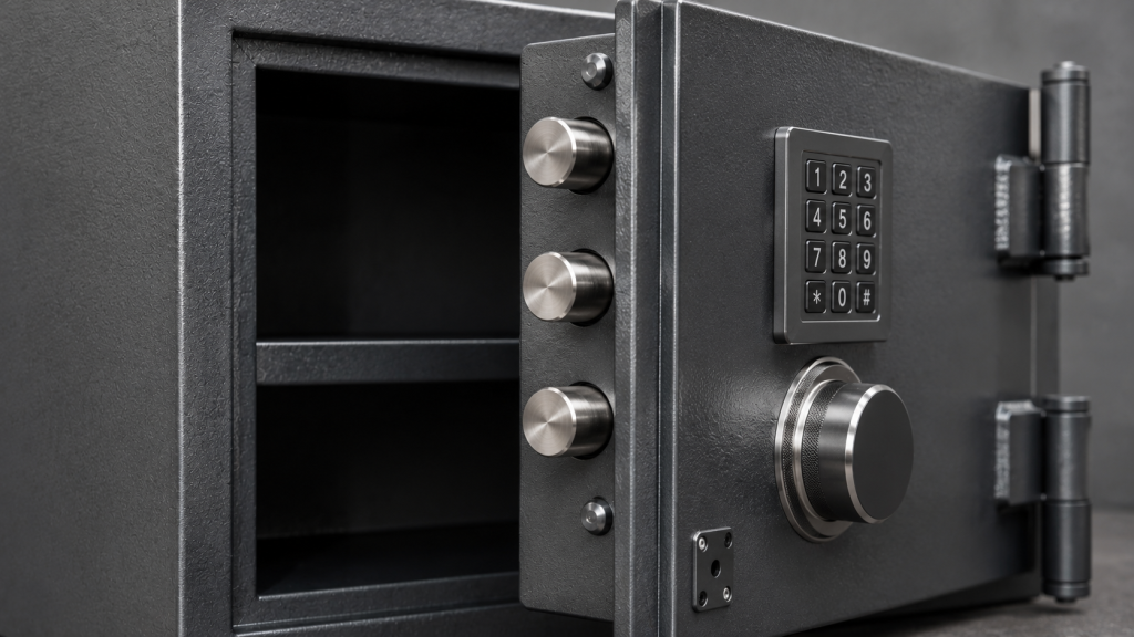 Close-up of industrial steel safe door