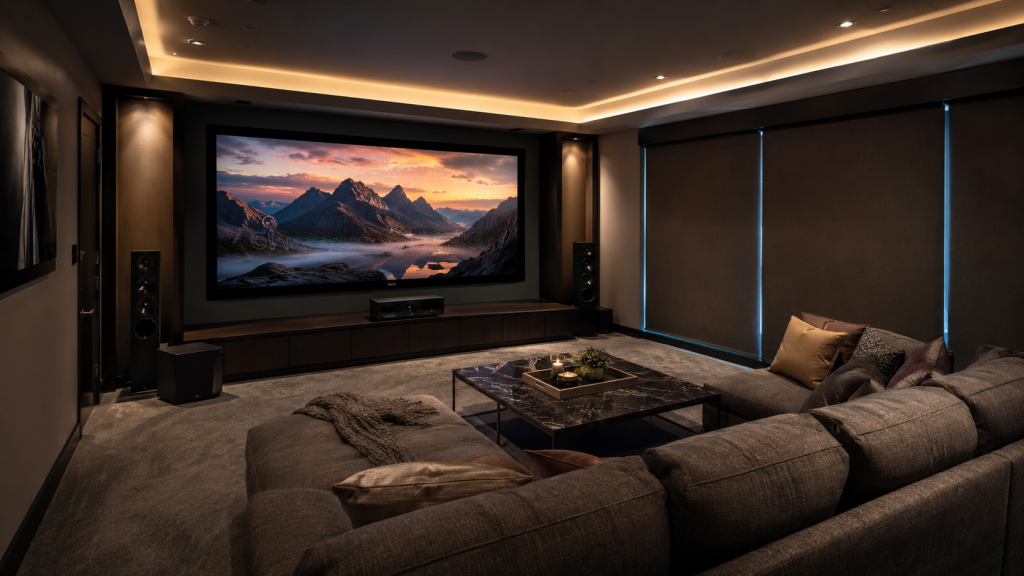 Cozy modern home theater setup
