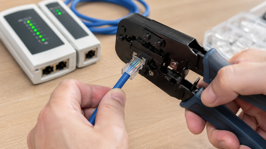 Crimping an Ethernet cable connector