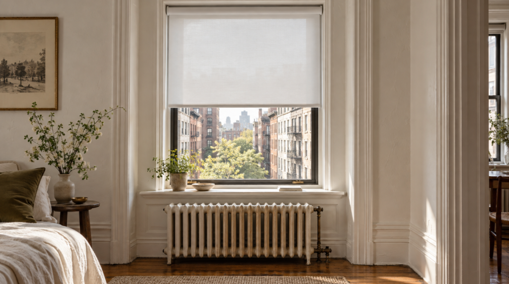 Deep prewar window recess with a white roller shade lowered halfway above a cast iron radiator