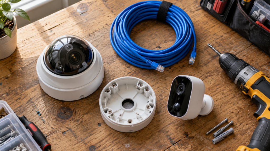 Dome security camera, mounting base, coiled blue network cable, small battery camera and cordless drill on a wooden workbench