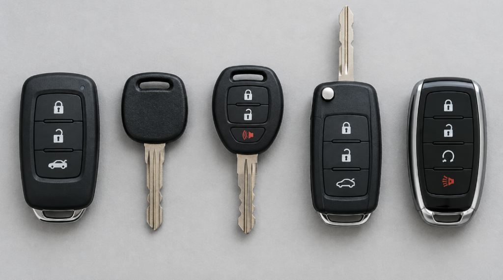Five types of car keys and remote fobs laid in a row on a gray surface