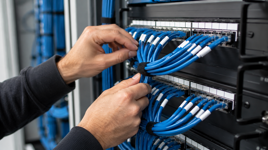 Hands working on network patch panel