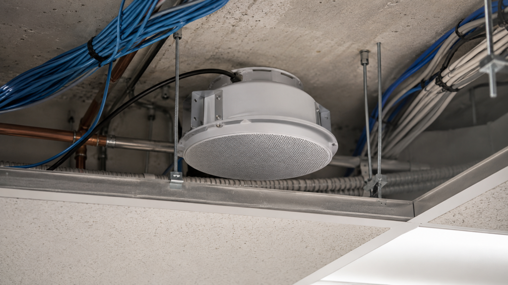 Industrial ceiling infrastructure and wiring close-up