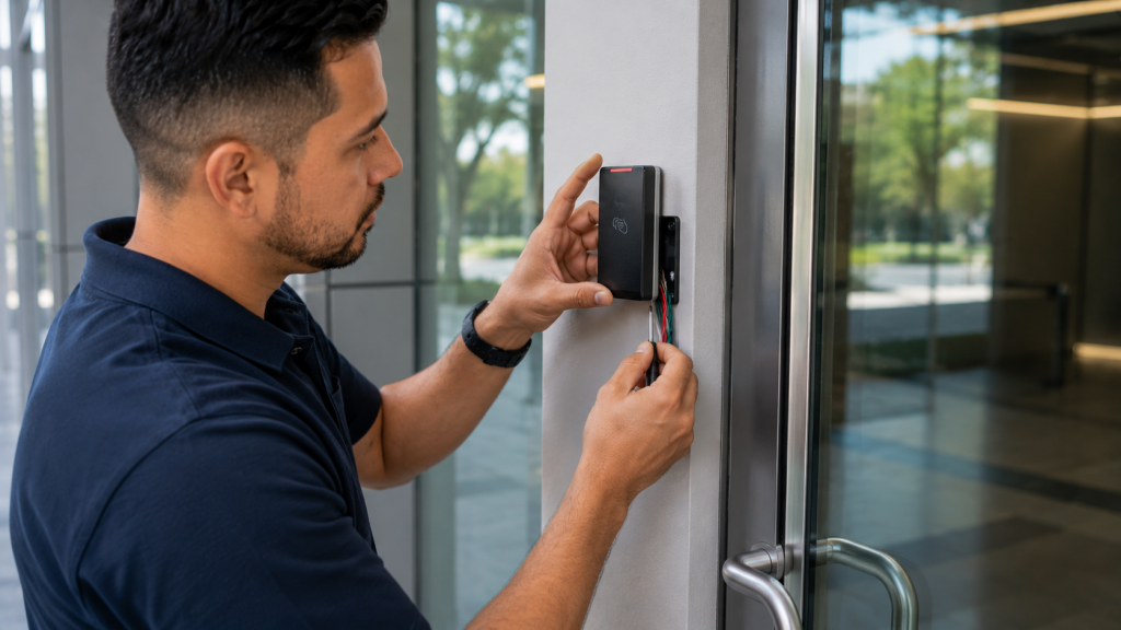 Technician wiring a door controller during an access control install at a business entrance