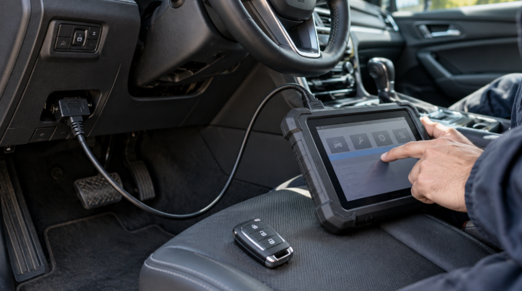 Key programming tablet plugged into a car's diagnostic port with a key fob on the driver's seat