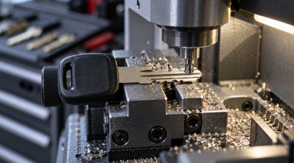 Laser-cut car key blade clamped in a key cutting machine