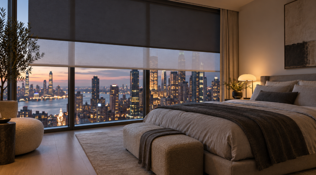 Modern bedroom with a floor-to-ceiling window, a charcoal blackout shade half lowered over a white sheer shade, city lights outside