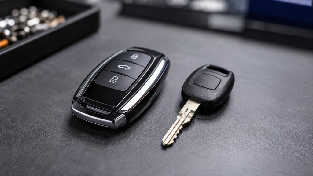 Modern car key fob on workbench