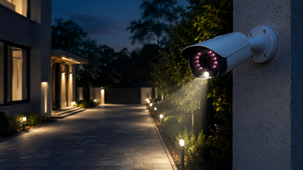 Modern home driveway at dusk