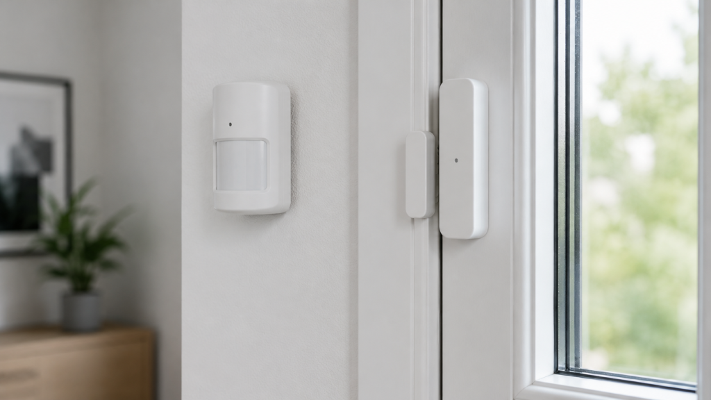 Modern apartment interior with alarm system devices mounted on the wall