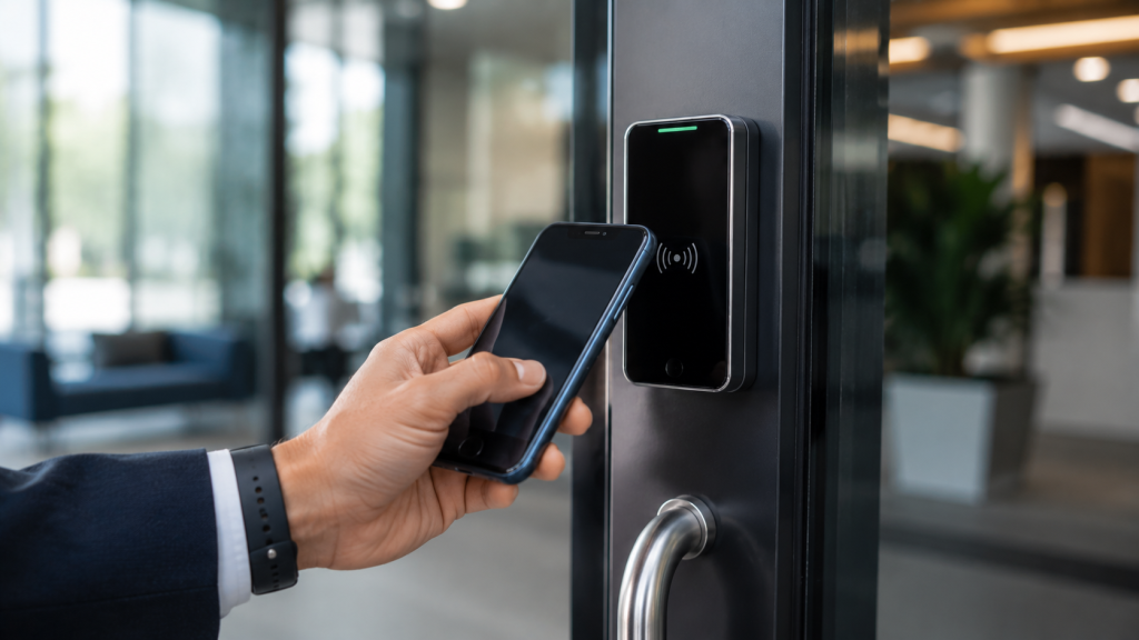 Card reader mounted beside a glass office door in a New York commercial building