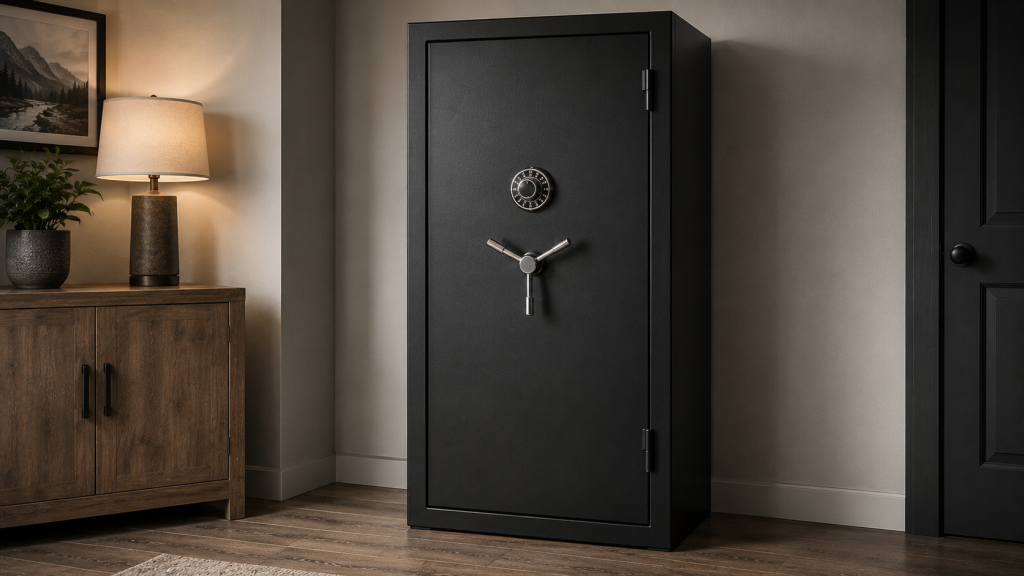 Modern room with dark safe and decor