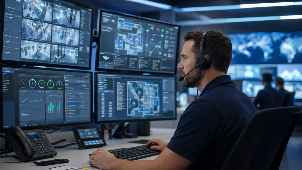 Central station operators handling business alarm monitoring signals from commercial properties overnight