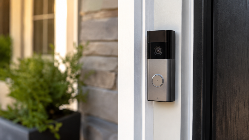 Modern video doorbell on sleek entryway