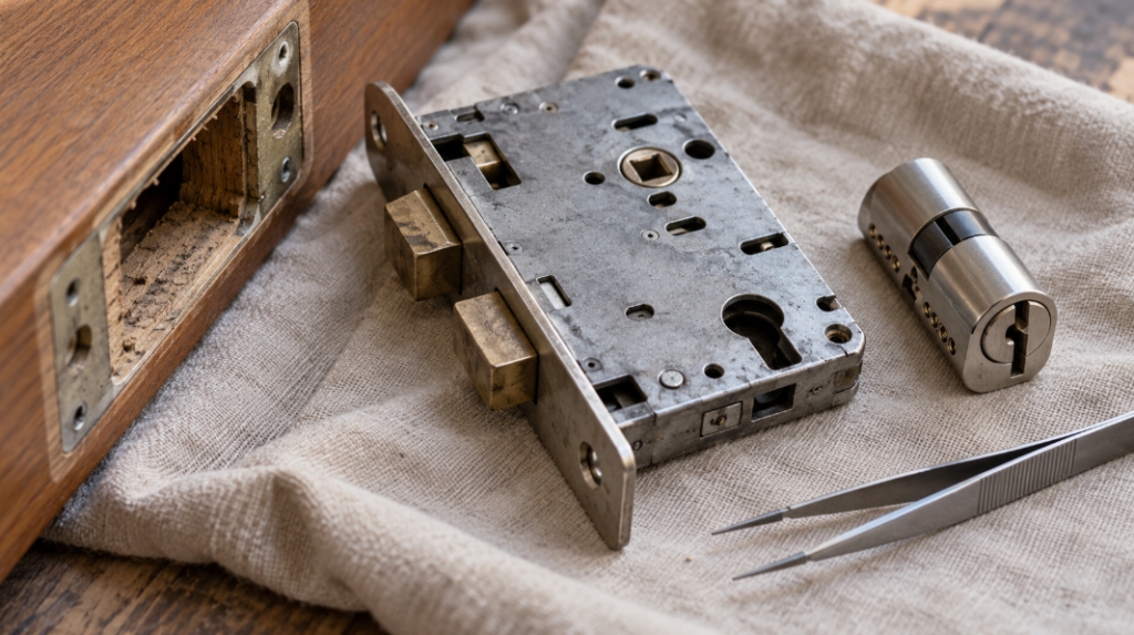 Mortise lock body, high-security cylinder and pinning tweezers on a canvas cloth