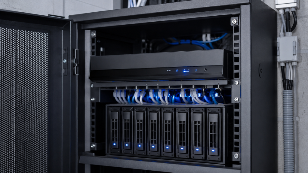 Network equipment in organized server cabinet