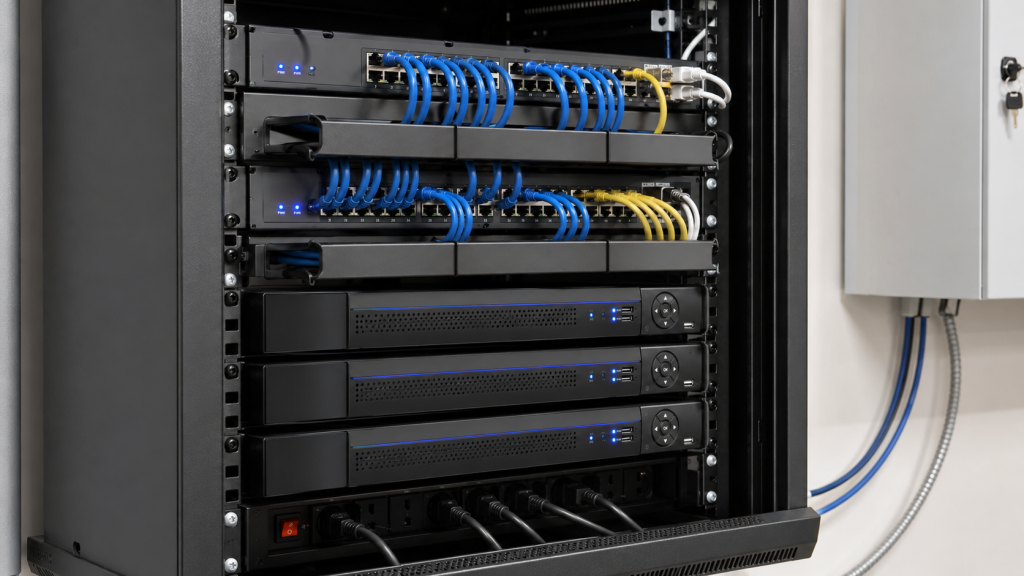 Network server rack in clean setup