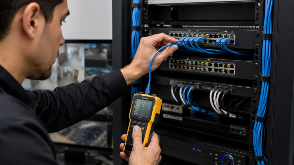 Network technician working with server rack