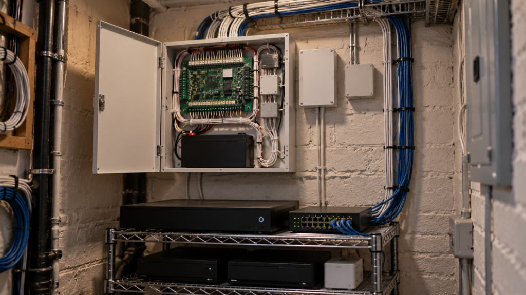 Open alarm panel on a painted brick wall above a shelf with a network video recorder and a network switch, bundled cables running into a cable tray