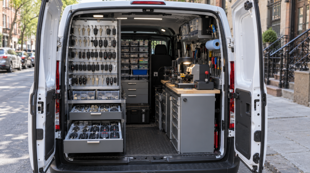 Open service van with drawers of car key blanks and a key cutting machine inside