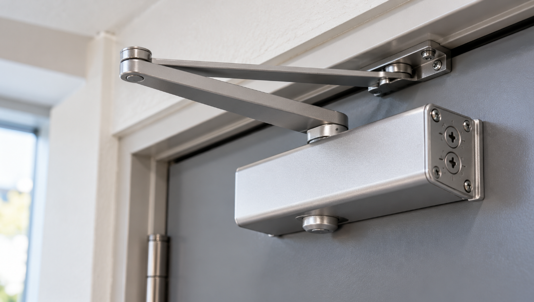 Silver door closer with a folded arm mounted at the top of a door, adjustment screws on its side