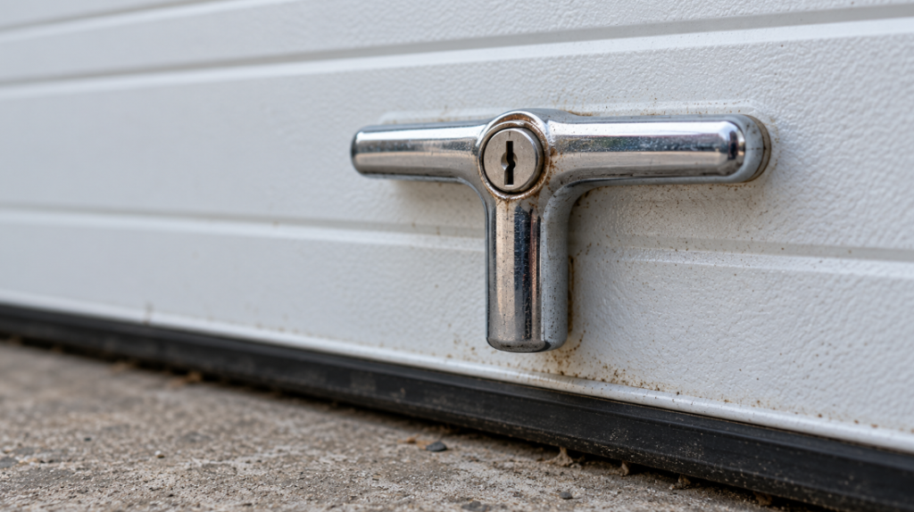 Chrome T-shaped handle with a round key cylinder on the bottom panel of a white steel garage door, light rust around the cylinder