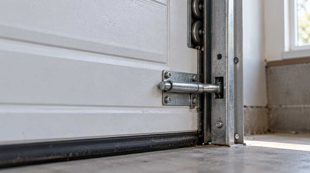 Steel slide bolt on the lower corner of a white garage door extending into a square hole in the metal track