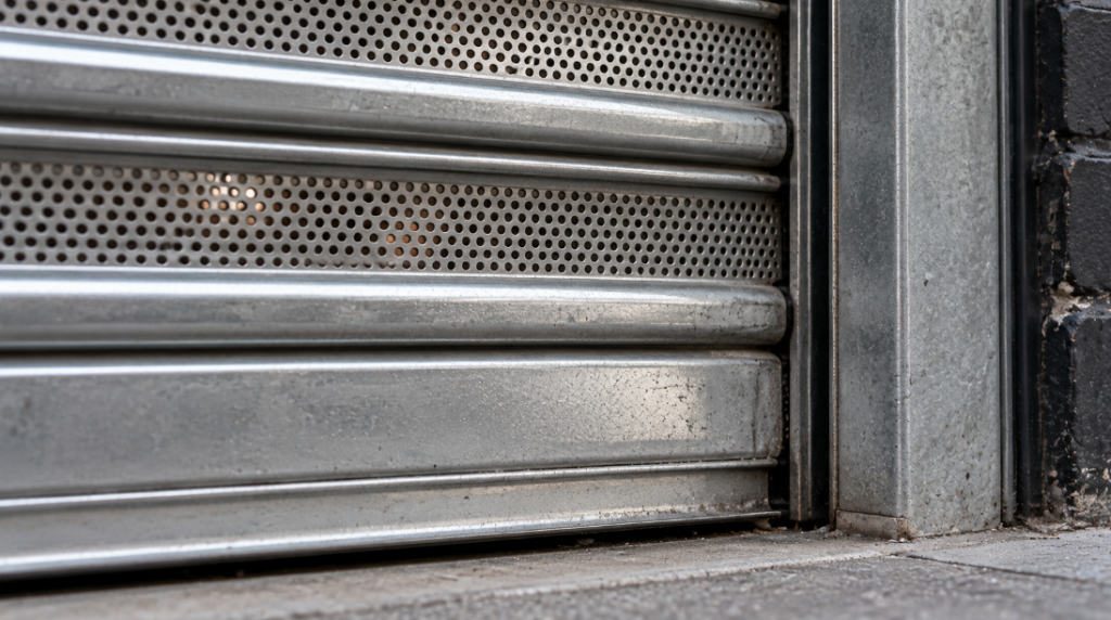 Steel gate slats, some solid and some perforated, sliding into a vertical metal guide track