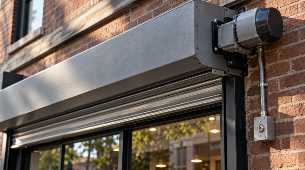 Gray steel hood above a store window with an electric motor at one end and a key switch box on the wall below
