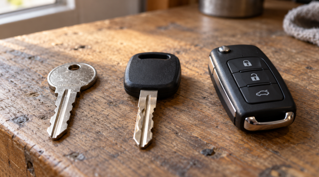 Metal car key, transponder key and smart key fob side by side on a wooden workbench