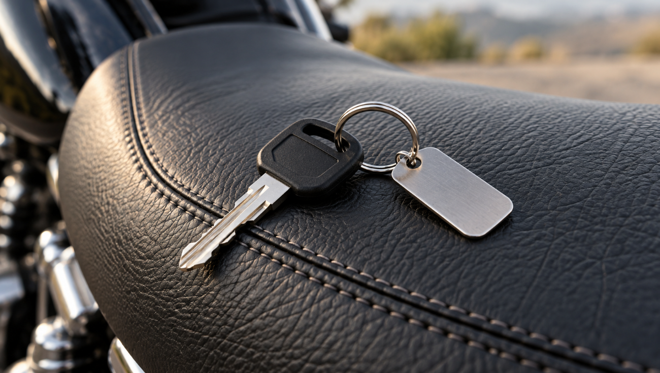 Motorcycle key on a ring with a small blank metal tag lying on a black leather seat