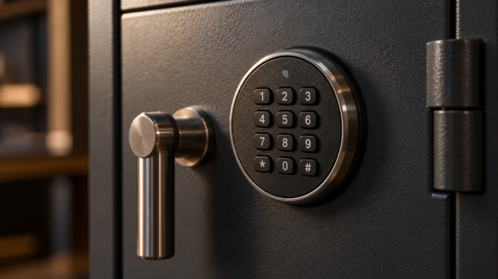 Electronic keypad with rubber number buttons and a small status light on a dark steel safe door, a chrome handle beside it