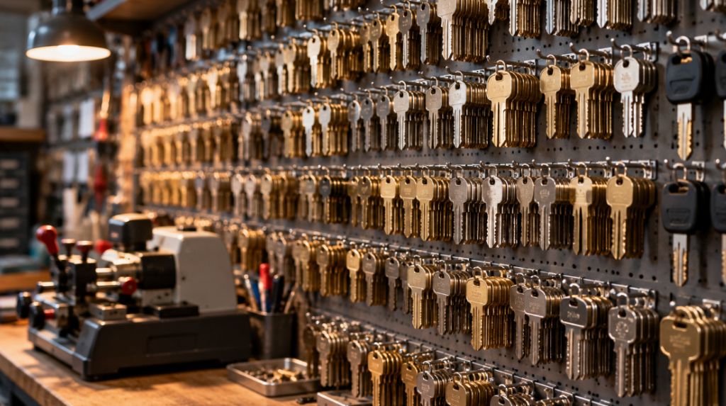 Workshop wall lined with rows of brass, nickel, and steel key blanks above a key-cutting machine on a workbench