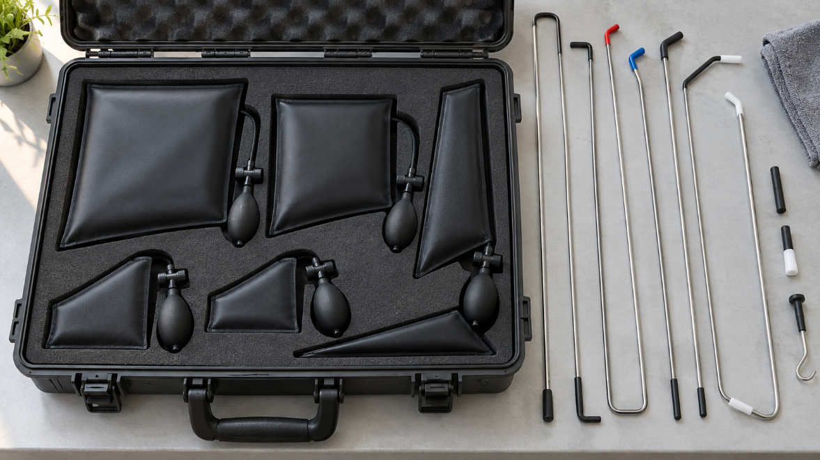 Open foam-lined case with flat black inflatable bags, small hand pumps, and long thin metal rods