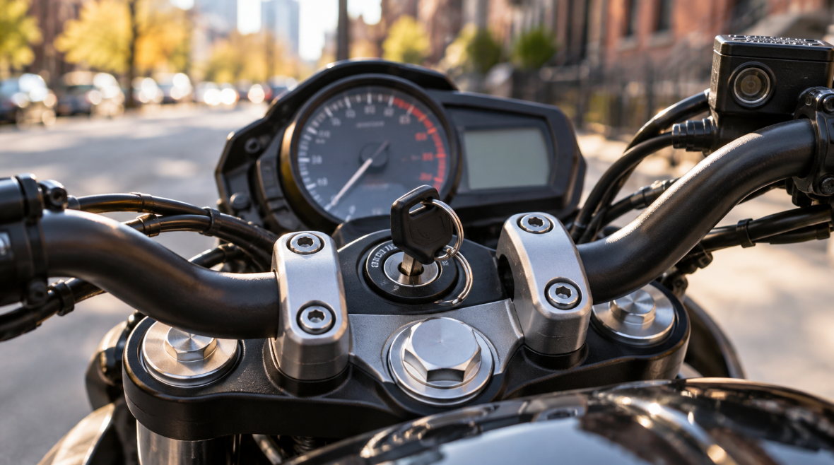 Key inserted in a motorcycle ignition switch between the handlebars, with the instrument cluster blurred behind