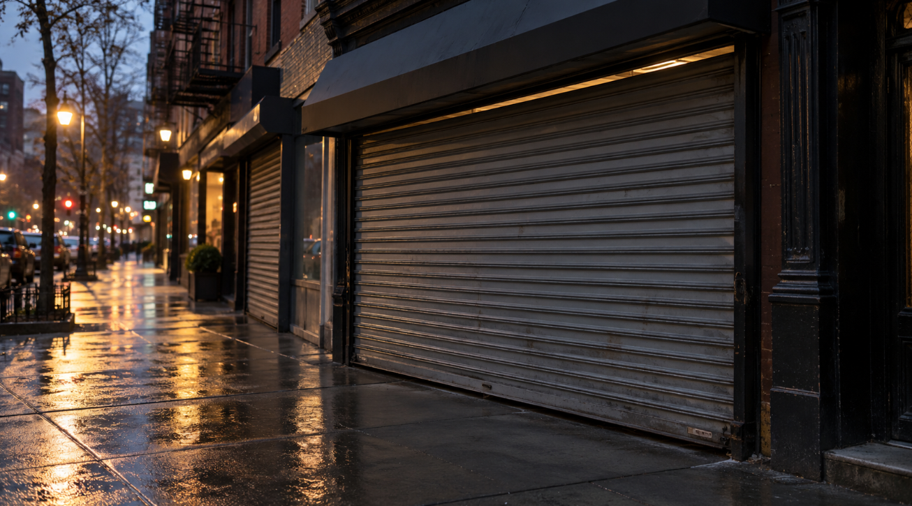 Storefront with a lowered metal roll-down gate on a wet city sidewalk at dusk