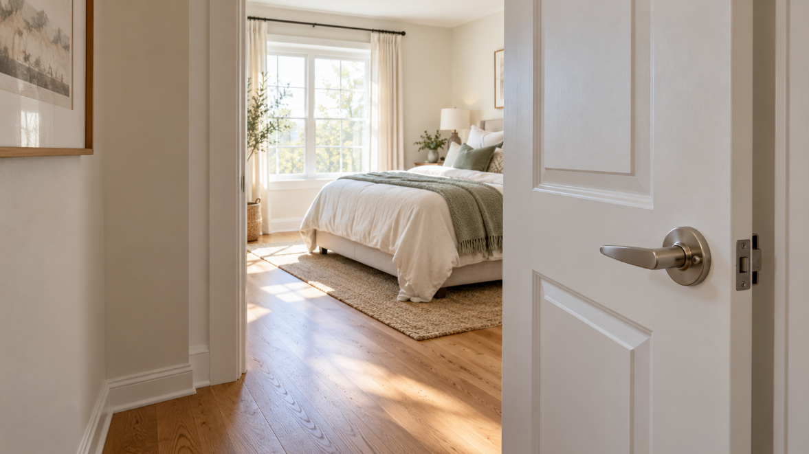 White bedroom door slightly ajar with a brushed nickel lever handle and push-button privacy lock